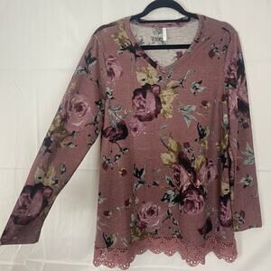 Pink Floral Lace Hem Long Sleeve Blouse Netsmile Women’s Size L Stretch Preowned